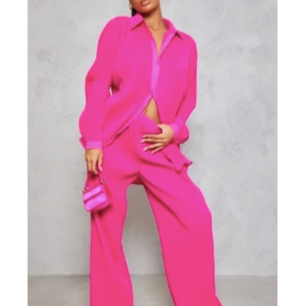 NWT PrettyLittleThing Hot Pink Plisse Oversized Shirt Size 0 - Picture 2 of 9